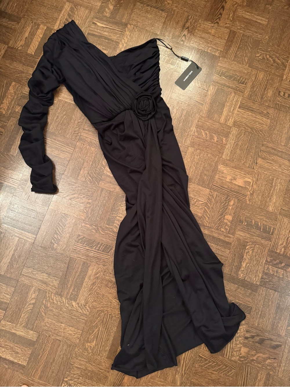 Dolce & Gabbana size 38 Black One-Shoulder rushed runway Evening Dress